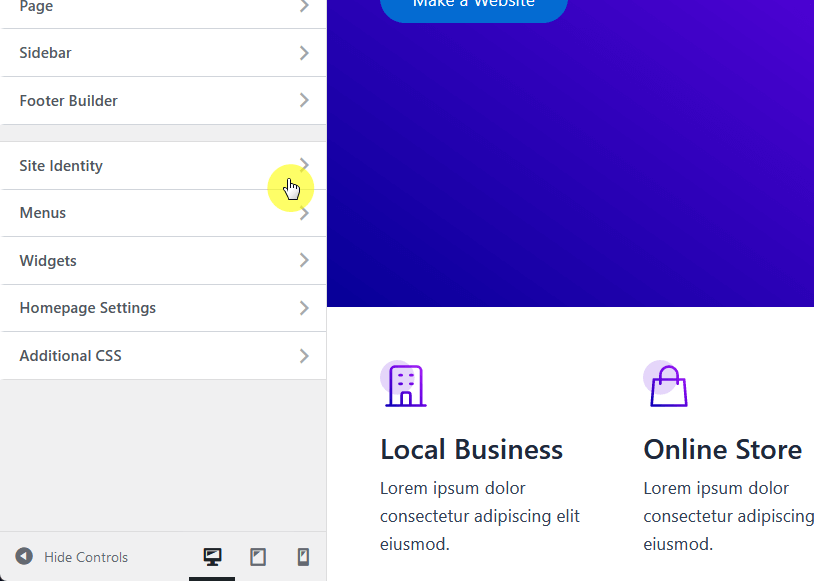 site identity option in the customizer