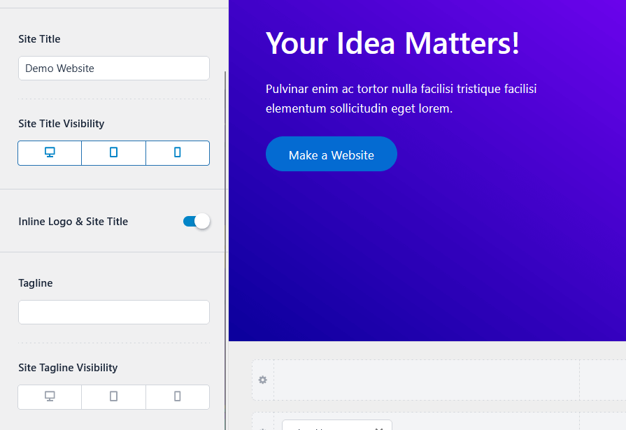 site title settings in the customizer