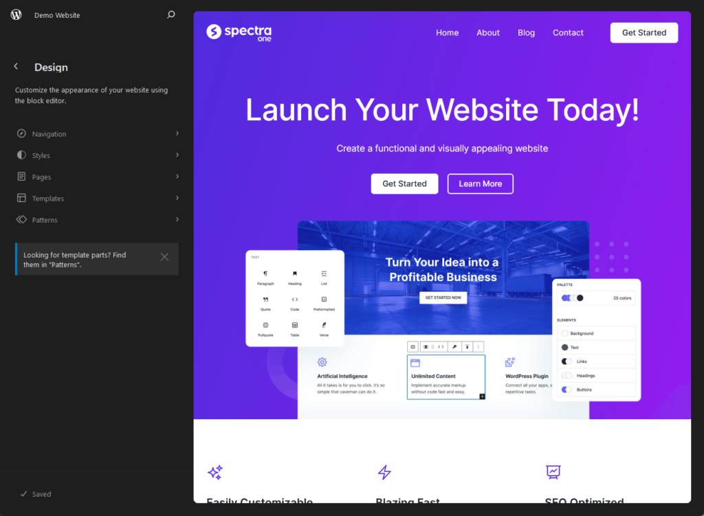 page editor options in the spectra one theme