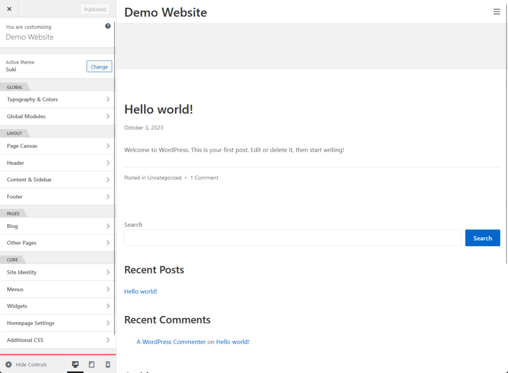 customizer options in the suki theme