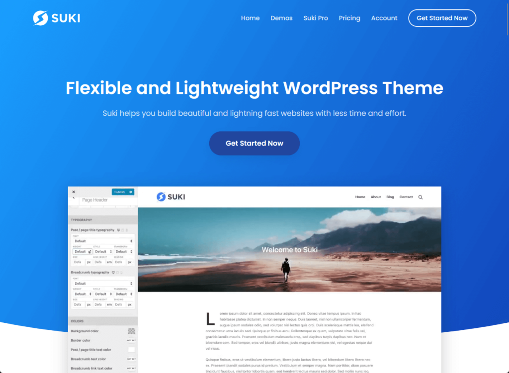 home page of the suki theme