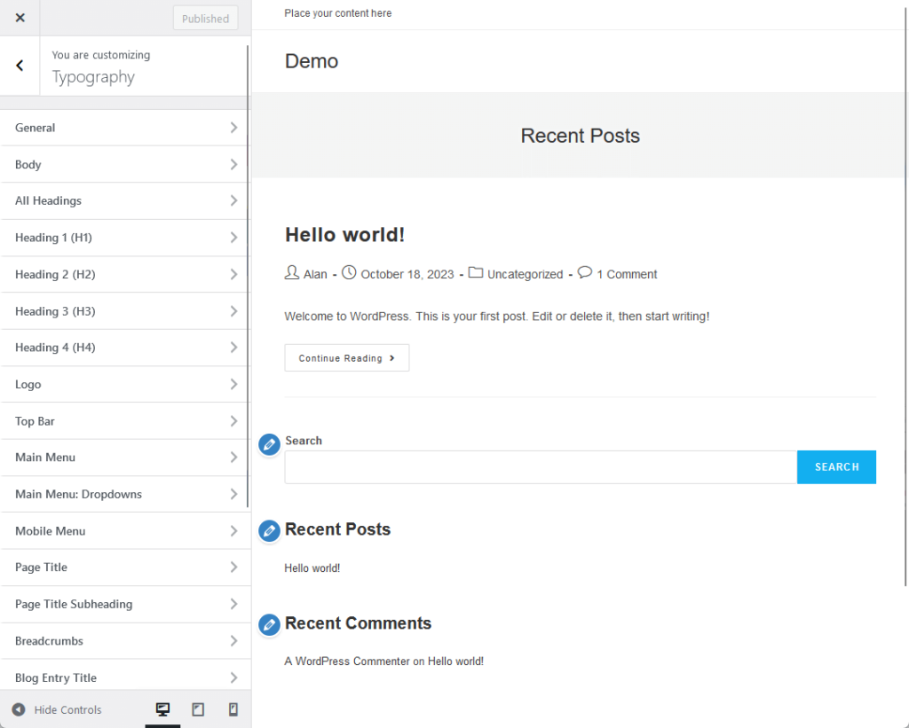 typography customizer settings in oceanwp
