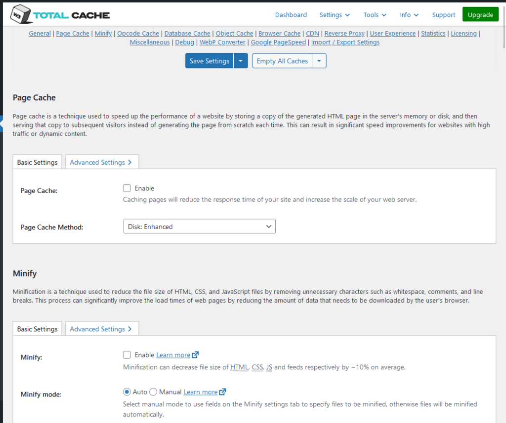w3 total cache page cache and minify settings