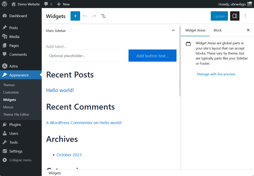 editing the widgets from the admin dashboard