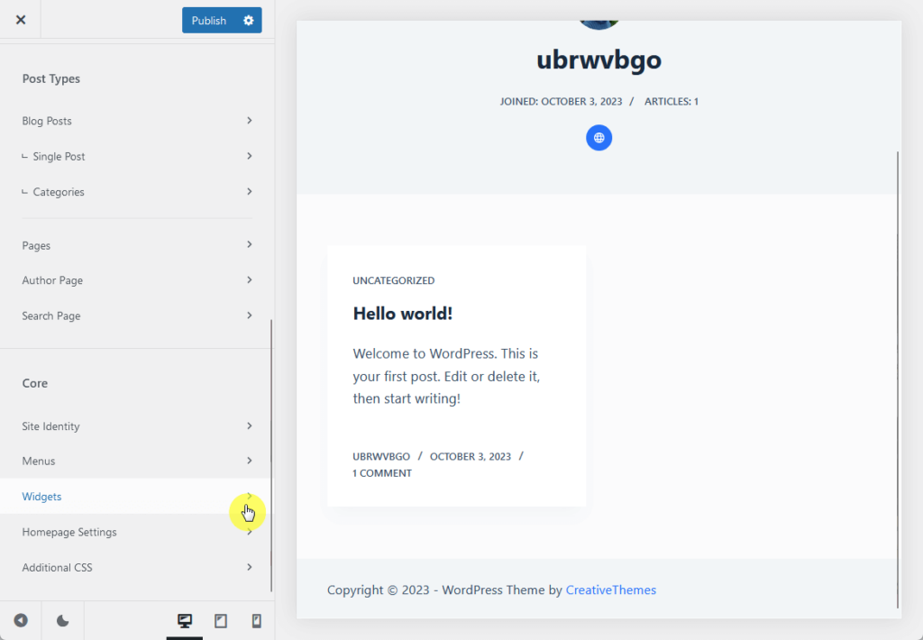 blocksyβs widget option in the customizer