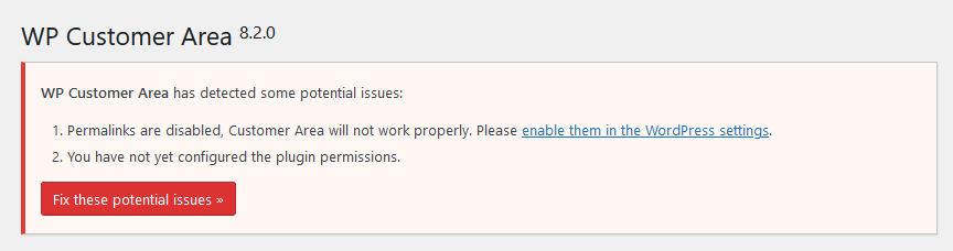 wp customer area has detected some potential issues