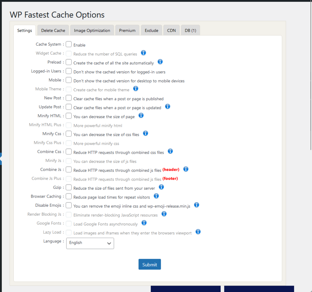 settings section of the wp fastest cache plugin