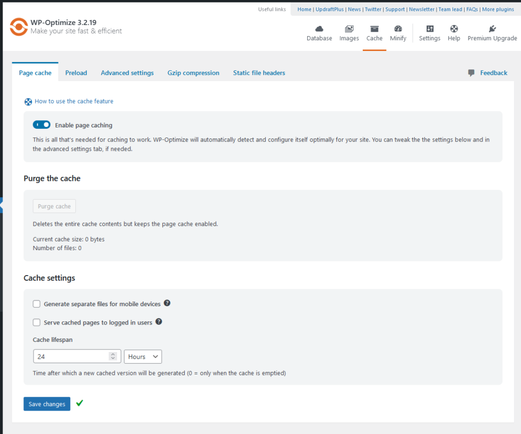 page cache settings of wp optimize