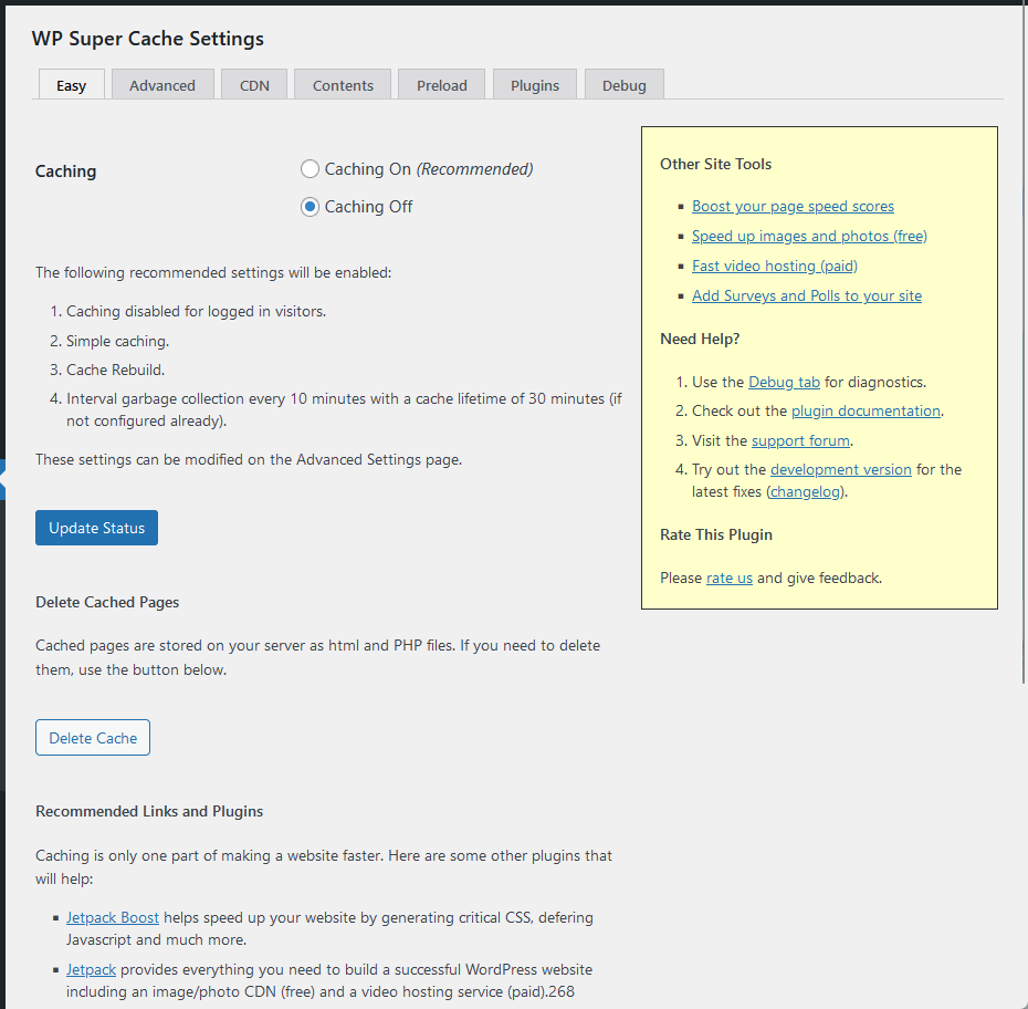 easy settings in wp super cache