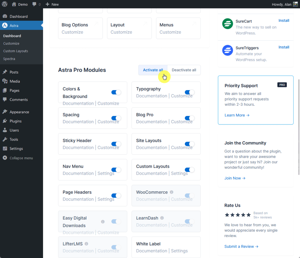 activate all the astra pro modules in the dashboard