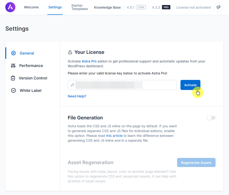 enter the license key and activate your astra pro version