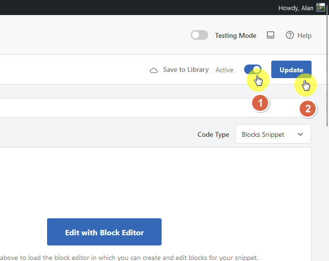 make the custom block snippet active