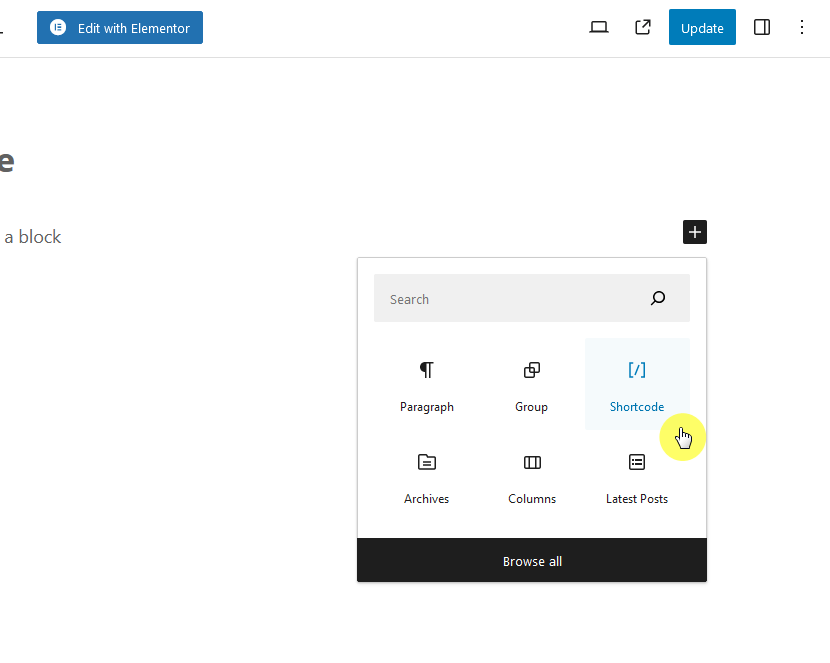 add a shortcode custom block to the post or page