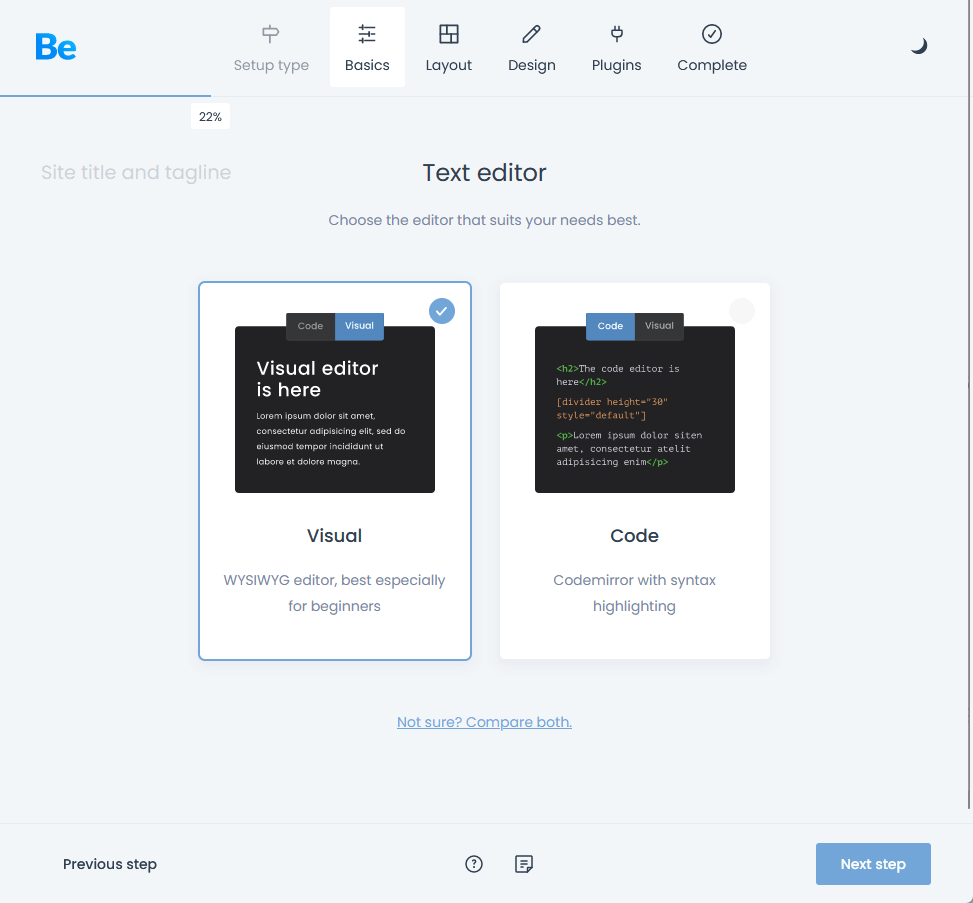 choose from a visual or a code editor
