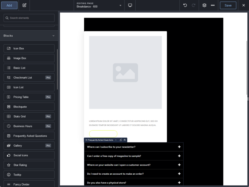 what the page builder looks like