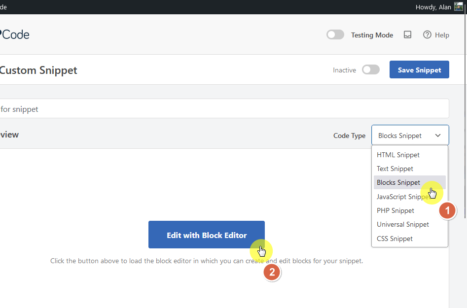 create a blocks snippet code type and edit with block editor