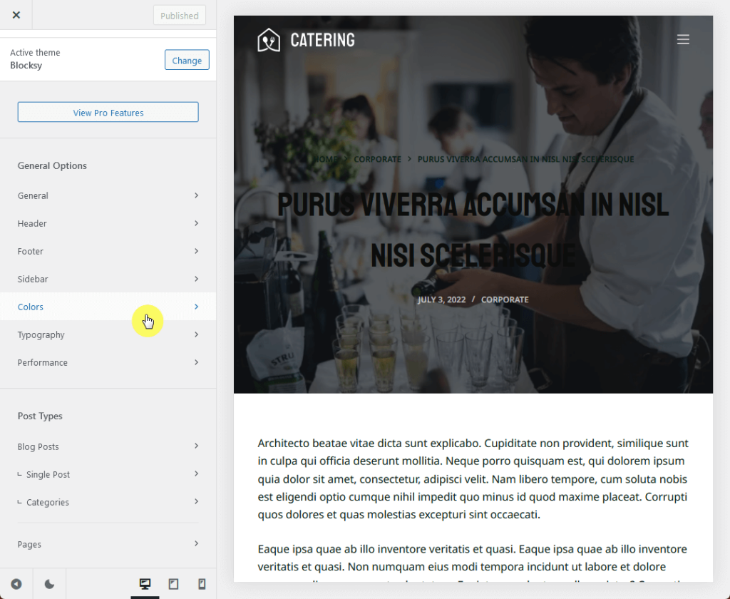 finding the color settings in the blocksy theme customizer