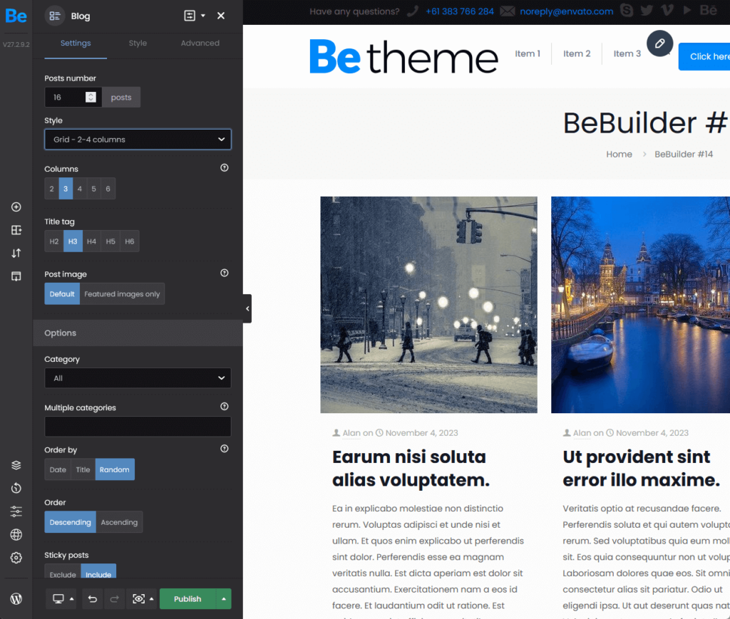 adding a blog element into the page using betheme