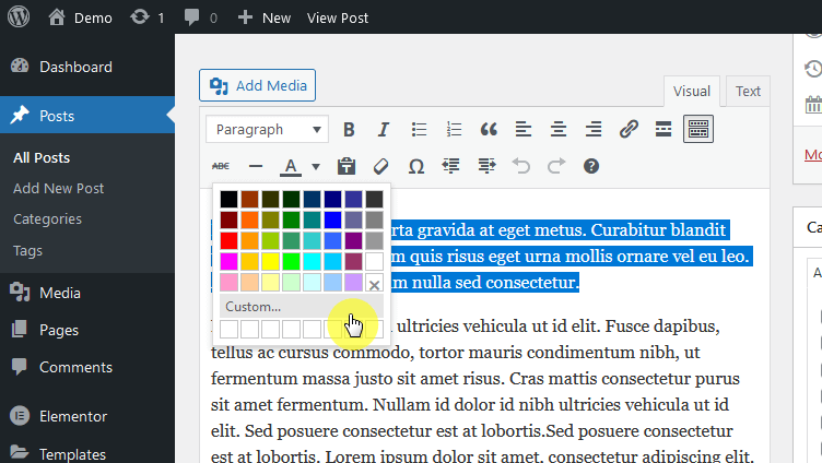 default text color choices in the classic editor