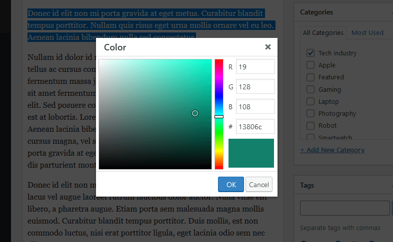 select the color from the font color selector tool
