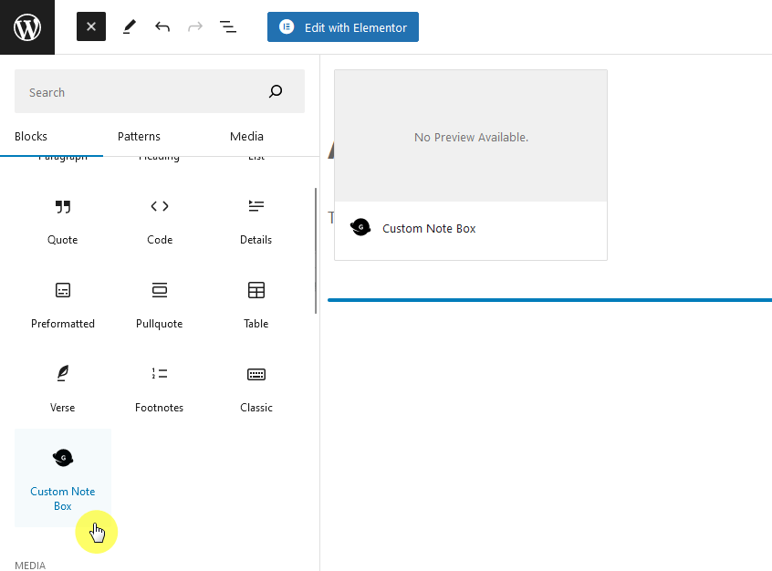 custom note box block appearing on the blocks list