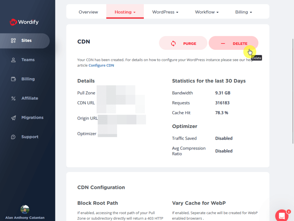 delete the cdn that has been created for the site