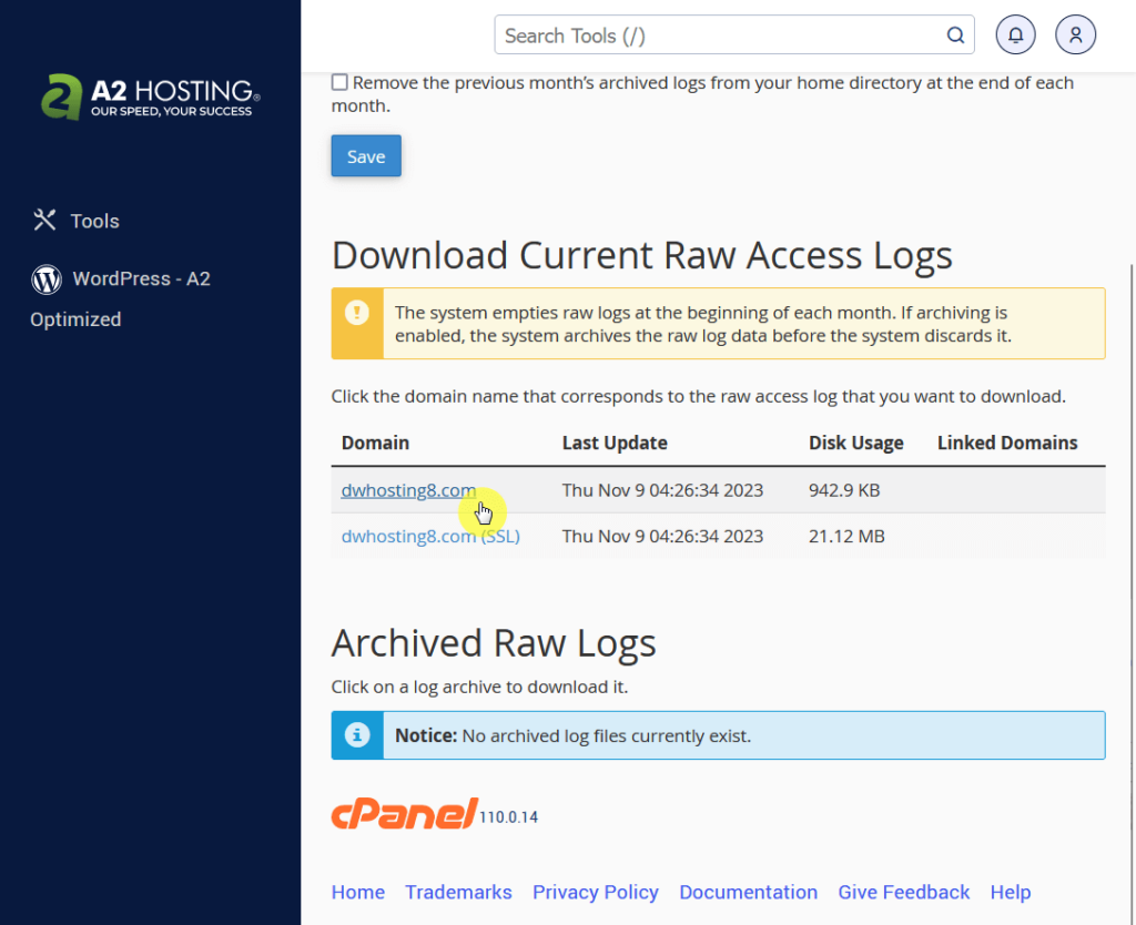 download the current raw access log for the domain