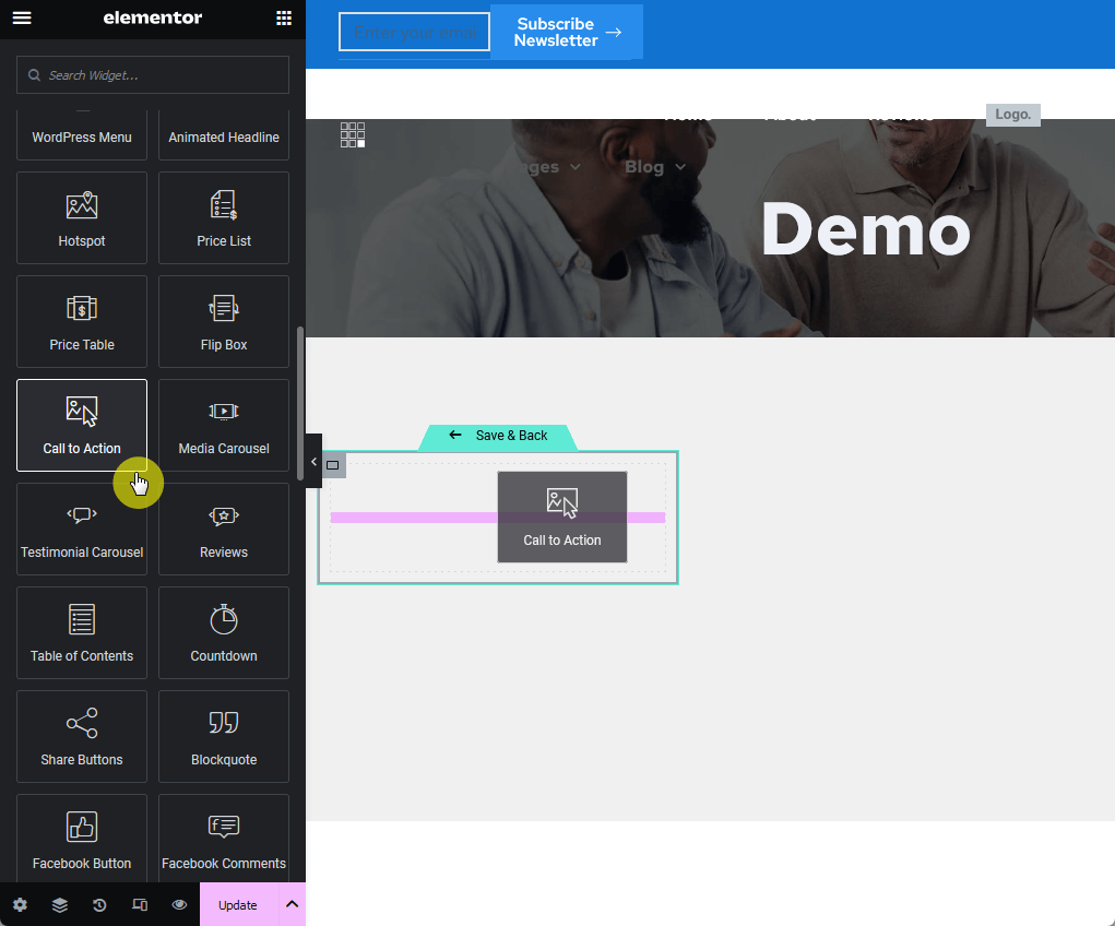 drag the call to action elementor widget to the container