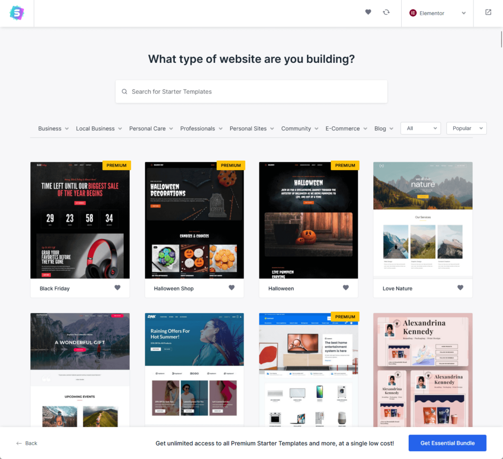 showing all elementor starter templates in astra
