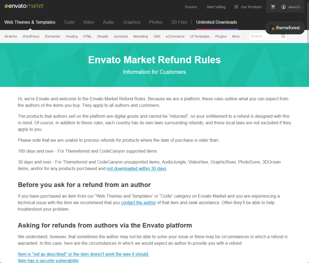 envato market refund rules for customers