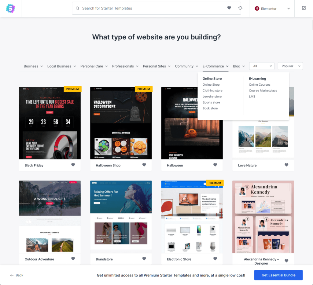 filter ecommerce starter templates so you can only see them