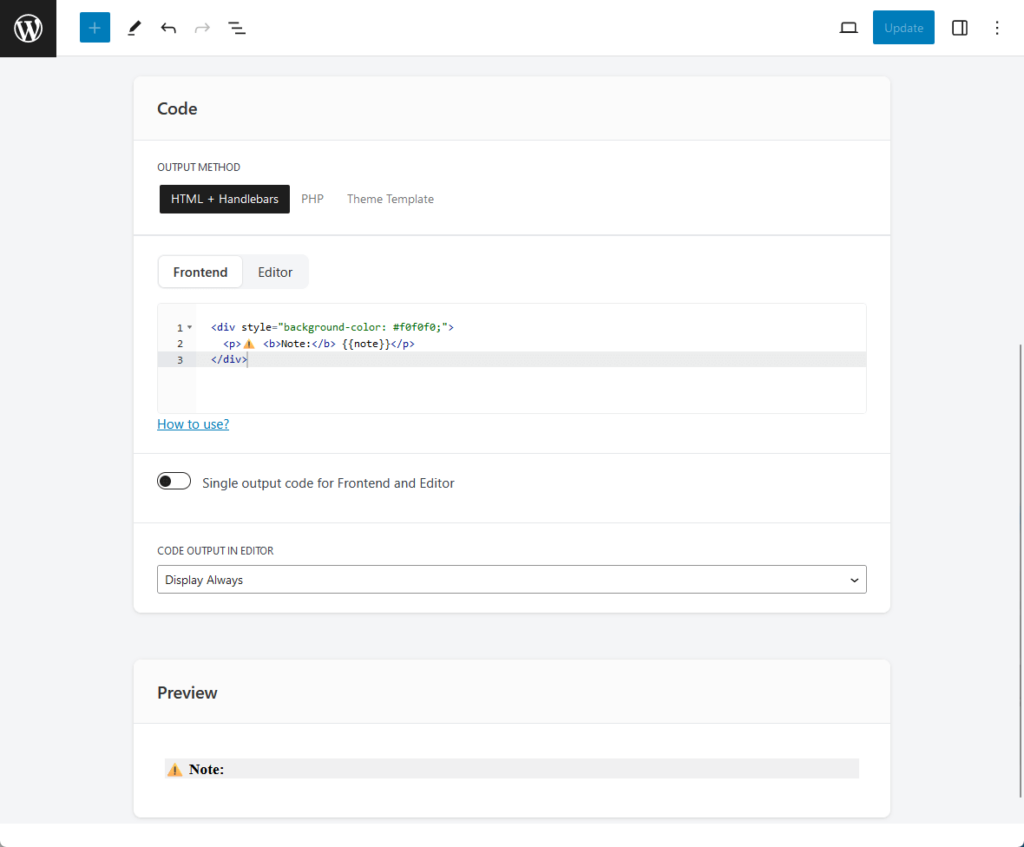 entering the code so the note box will show on the frontend