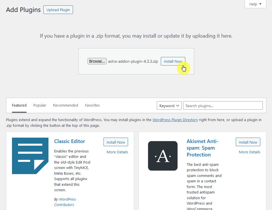 install the astra addon plugin to your website