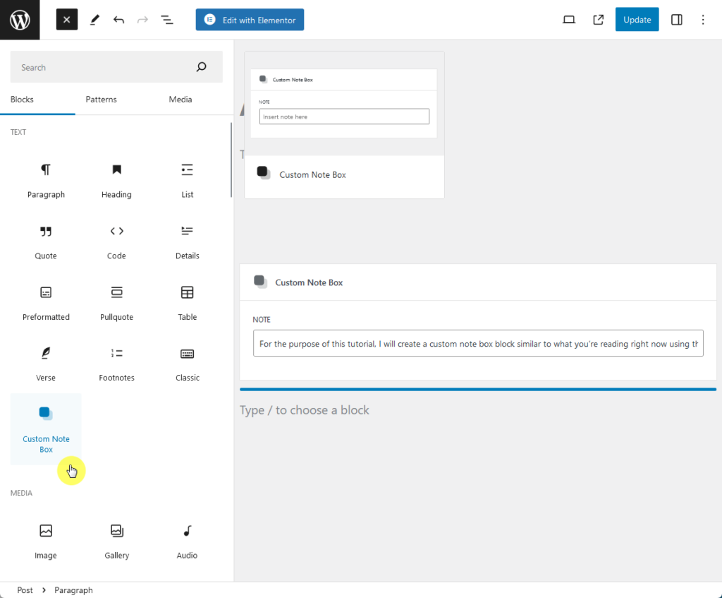 the custom block can now be selected when adding a new block