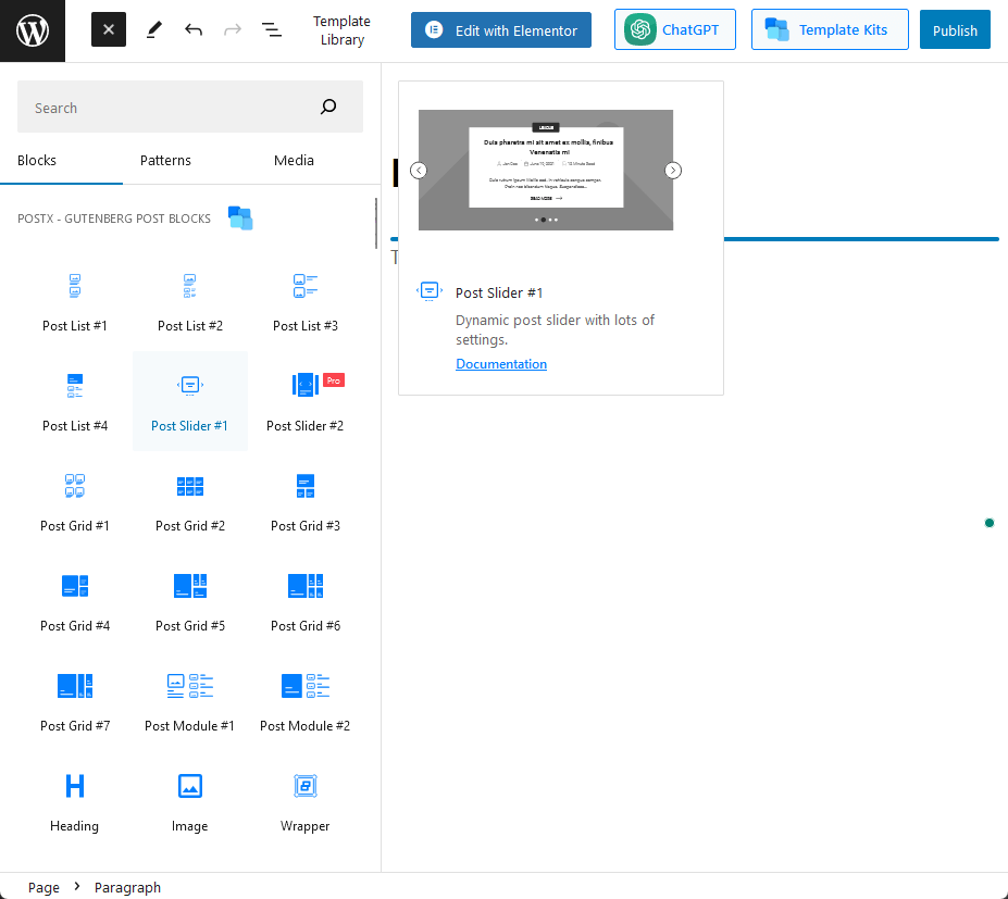 add the postx post slider #1 block into the page