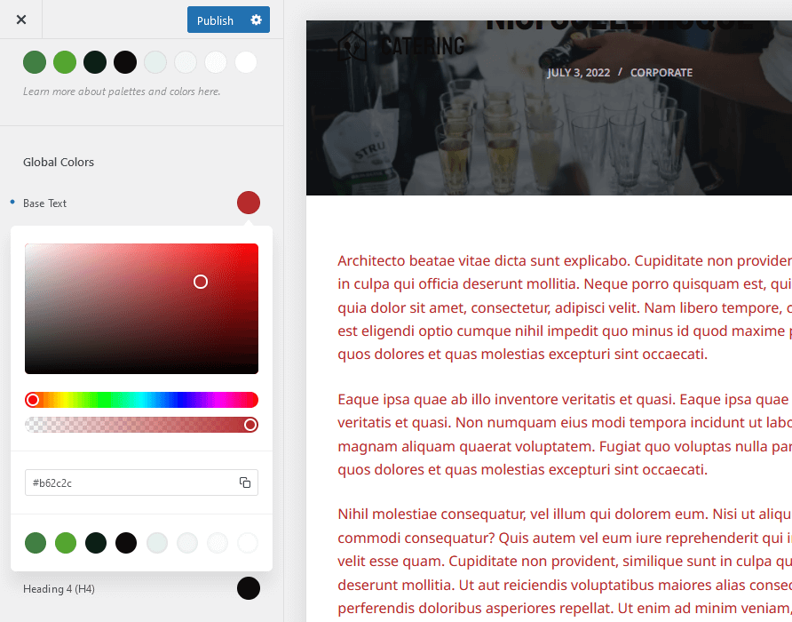 change the base text color to red in blocksy theme customizer