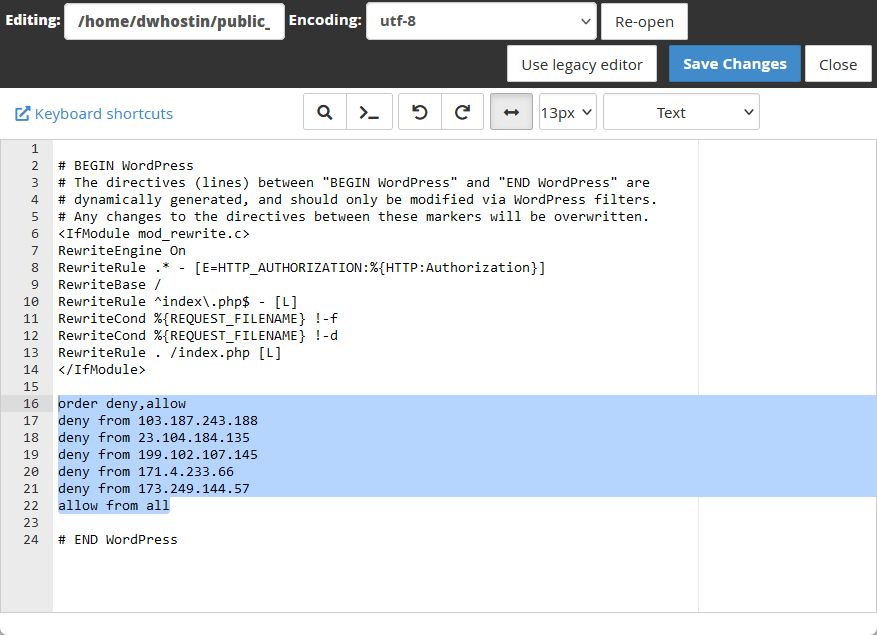 edit the htaccess file and save the changes
