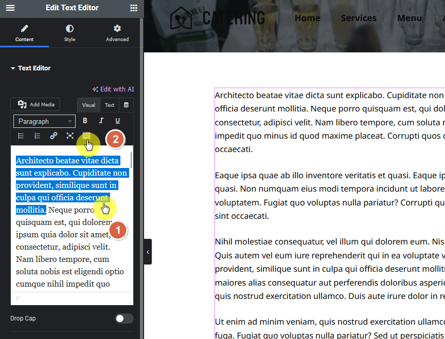 select the text to change first in the elementor text editor