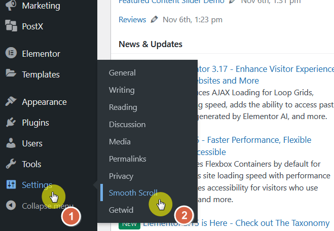 smooth scroll admin settings in the wordpress dashboard