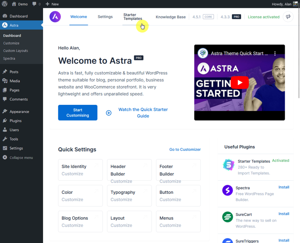 go to the starter templates tab from the astra dashboard