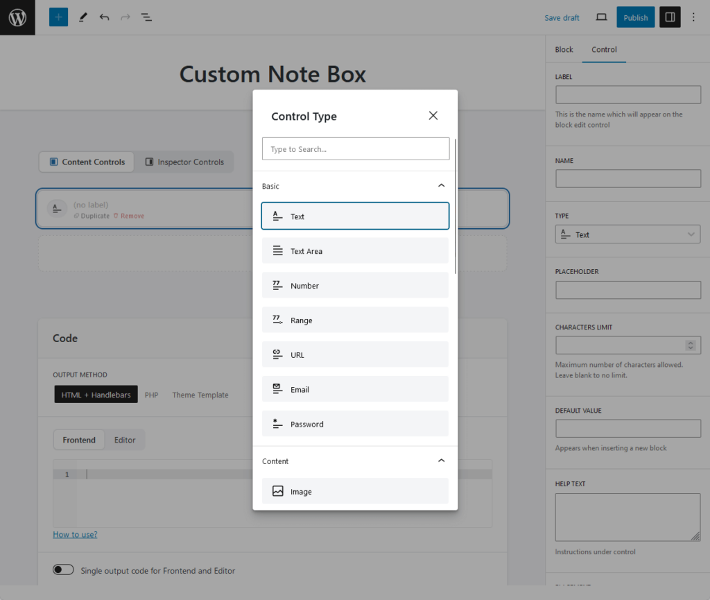 selecting the text control type