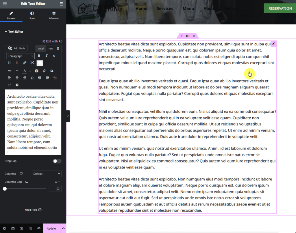 selecting the text widget will open the text editor