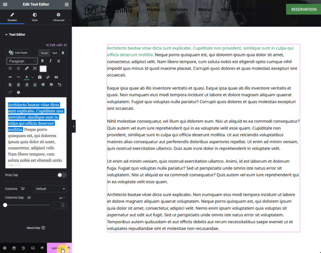 update the new post with changed text color using elementor