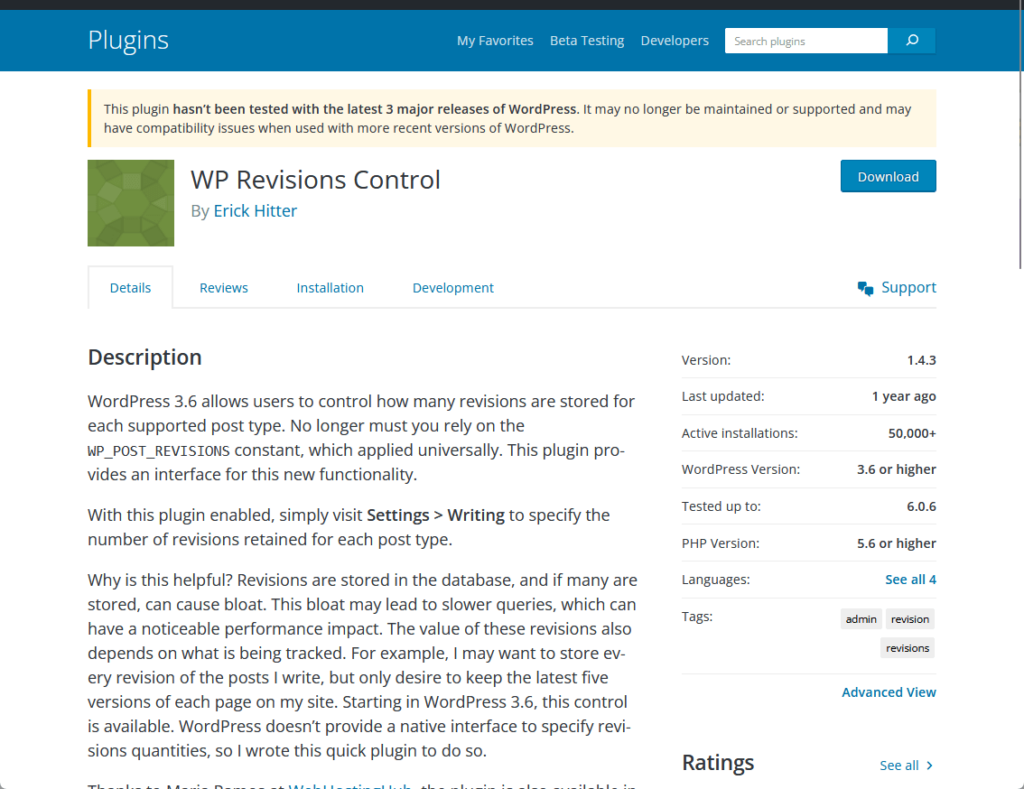 WP Revisions Control By Erick Hitter