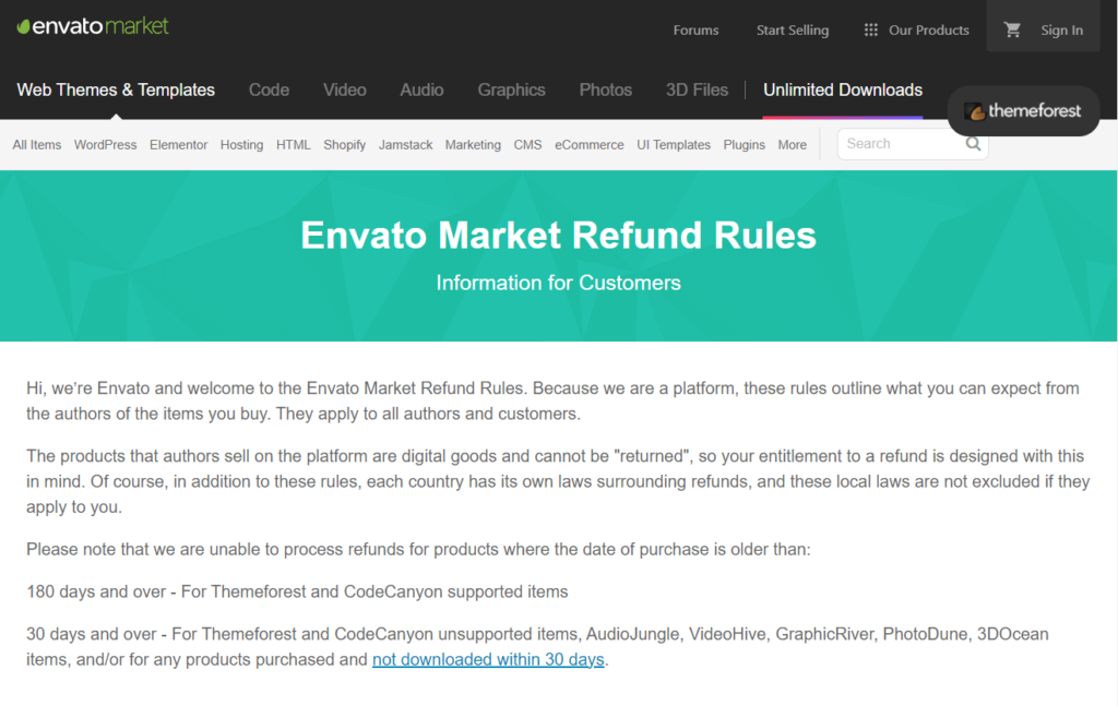 Envato refund policy