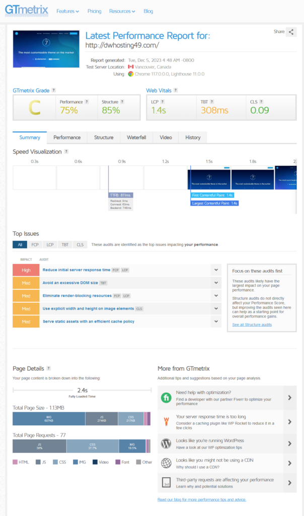 The7 Gtmetrix report