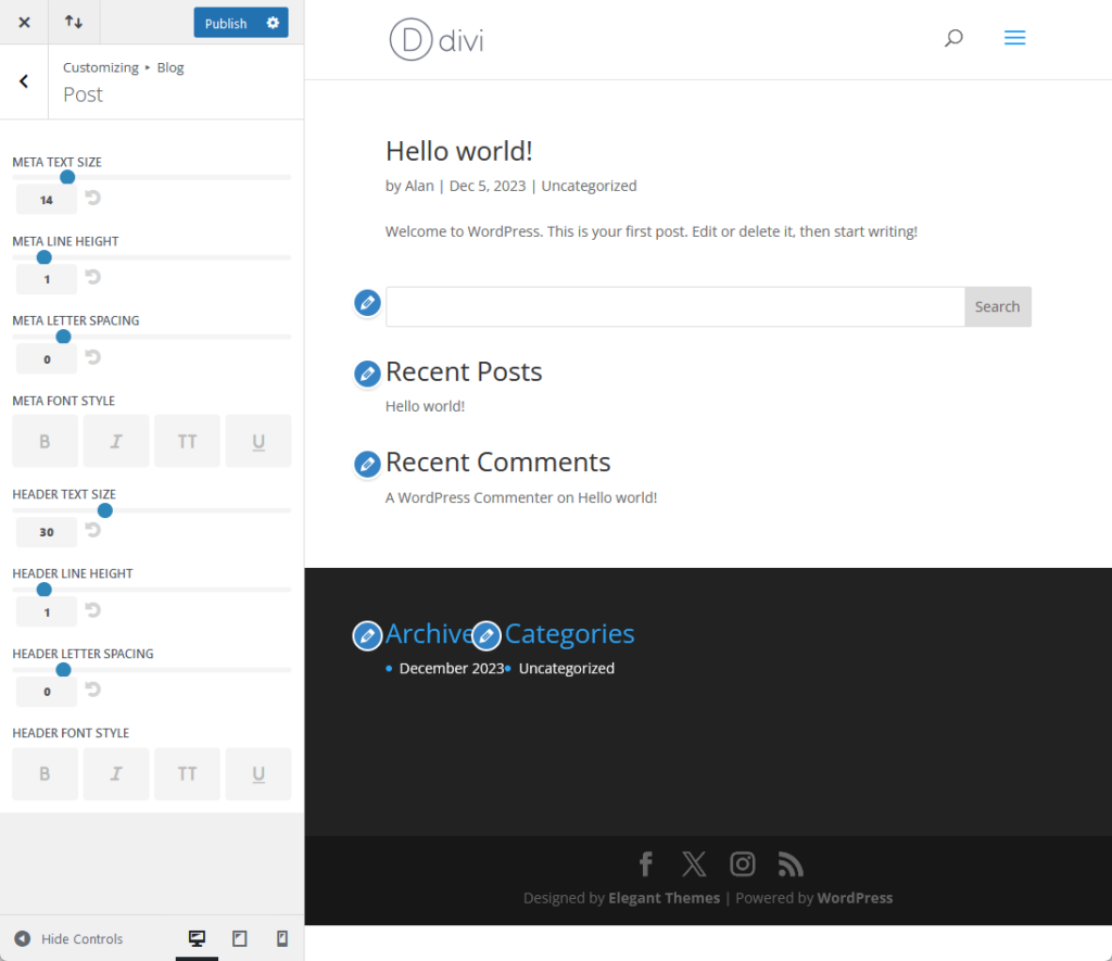customizing blog post settings in the customizer