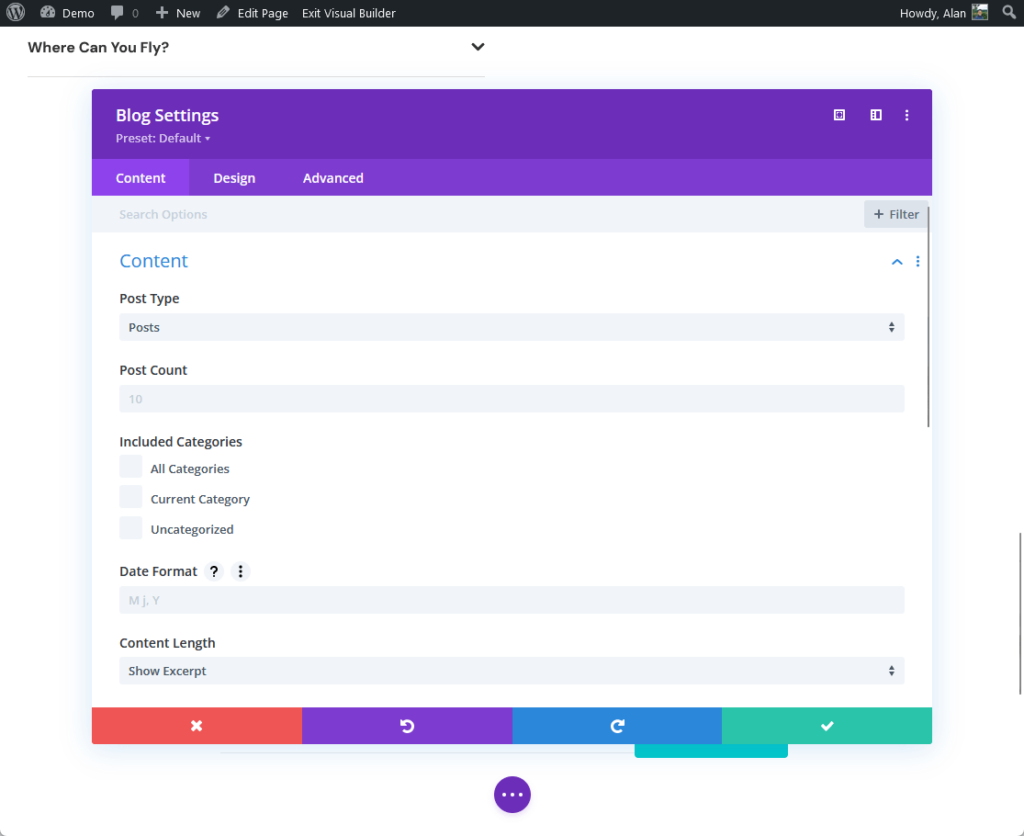 blog module settings with default preset