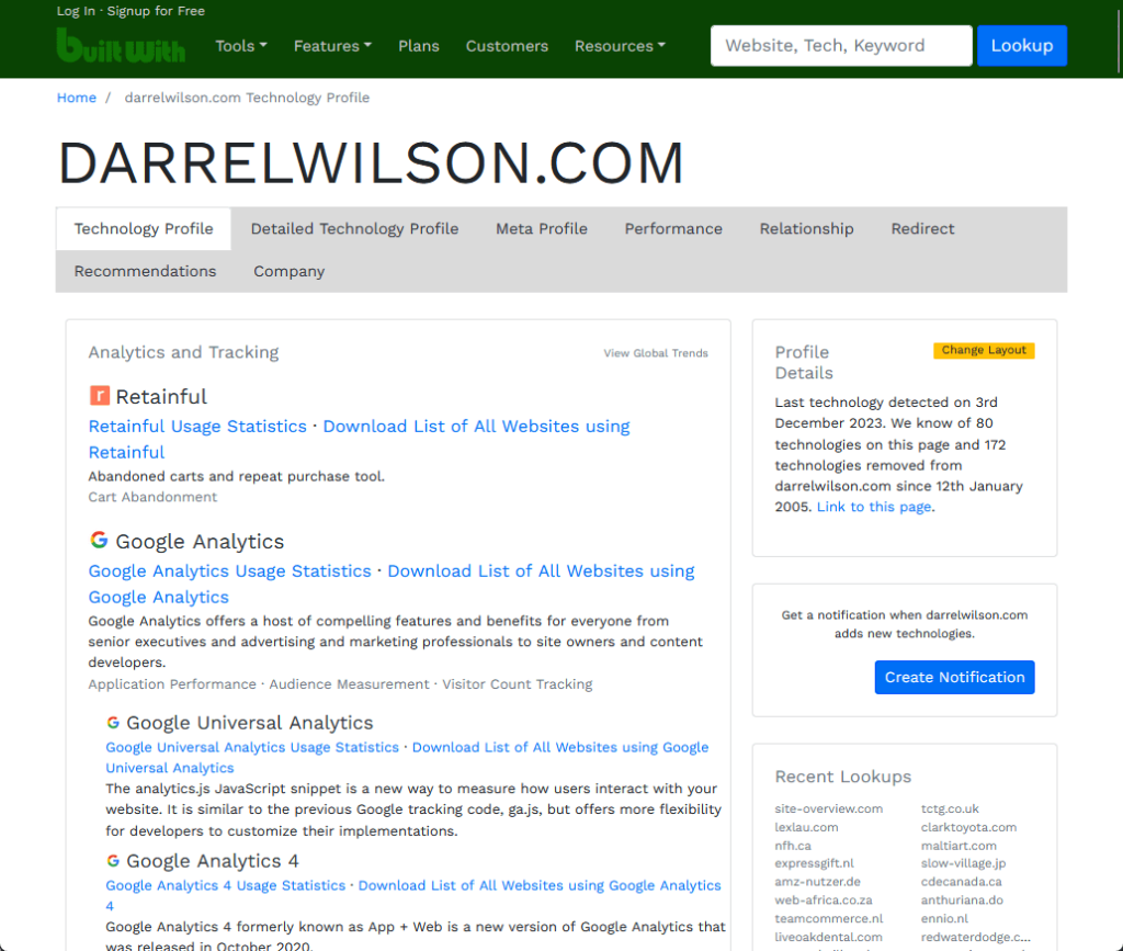 builtwith results for darrel wilson website