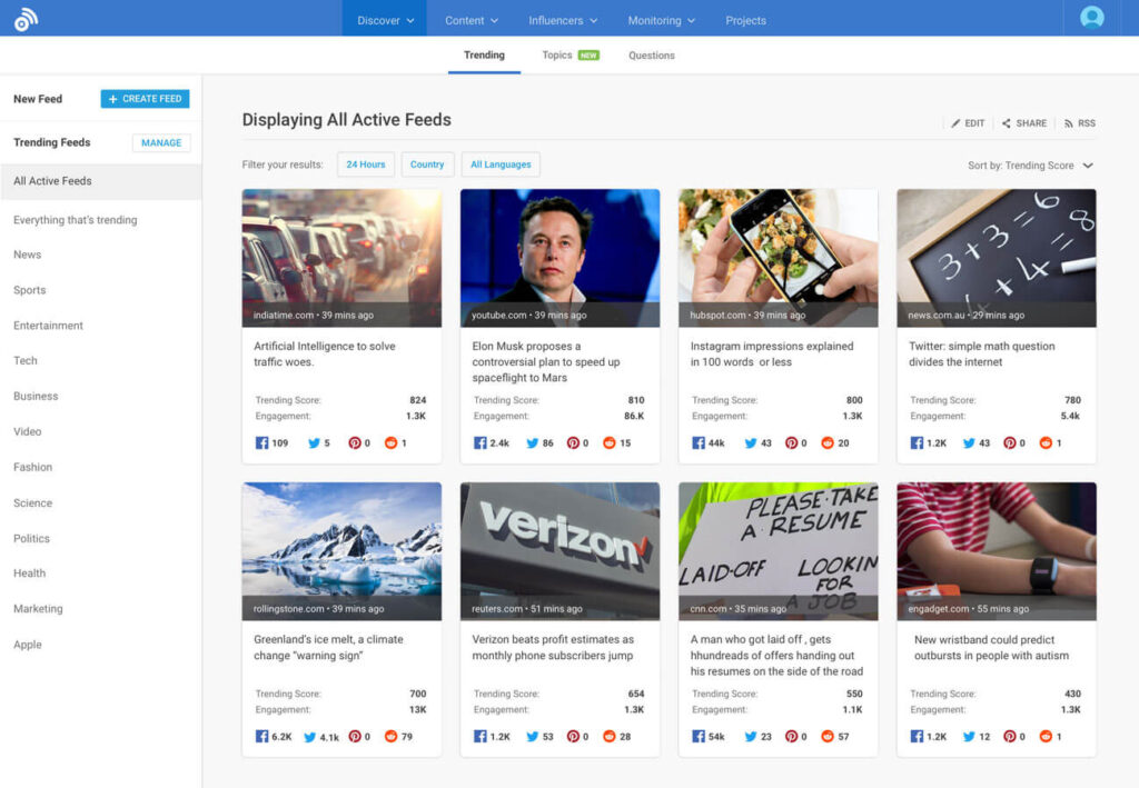 displaying all active feeds in buzzsumo
